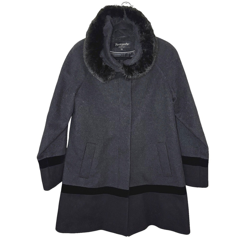 VTG Forecaster of Boston Wool Mid Length Coat Fur Hood Button Down Black SZ 10